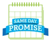 A logo with the label same day promise.