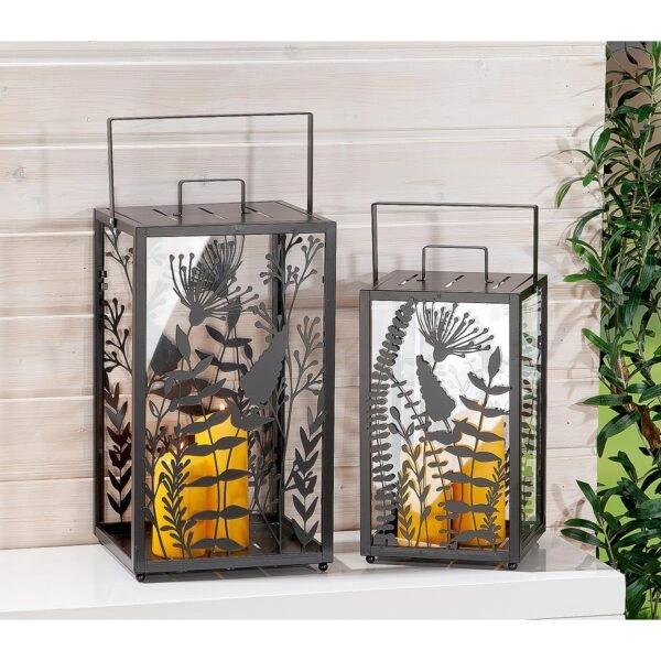 Φανάρι  Με Διακόσμηση Λουλούδια Μαύρο Μέταλλο/Γυαλί 25x25x48cm