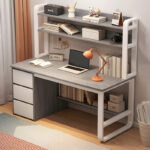 Γραφείο Soco με ραφιέρα-MDF γκρι-λευκό 120x50x147εκ