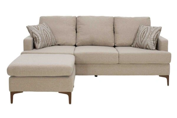 Γωνιακός καναπές με σκαμπό Slim υφασμάτινος χρώμα μπεζ με μαξιλάρια 185x140x70εκ