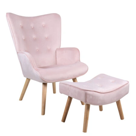 Πολυθρόνα Μπερζέρα Με Υποπόδιο ANIDORI Ροζ Βελούδο/Ξύλο 73x69x96cm