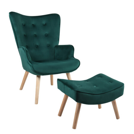 Πολυθρόνα Μπερζέρα Με Υποπόδιο ANIDORI Πράσινο Βελούδο/Ξύλο 73x69x96cm