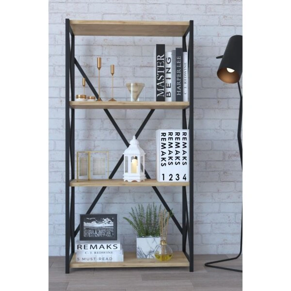 Βιβλιοθήκη IKE Δρυς/Μαύρο Μοριοσανίδα/Μέταλλο 70x34x114.5cm