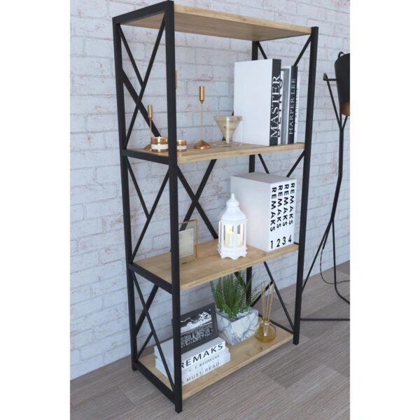 Βιβλιοθήκη IKE Δρυς/Μαύρο Μοριοσανίδα/Μέταλλο 70x34x114.5cm