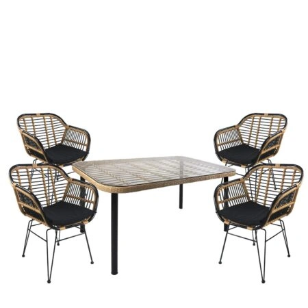 Σετ Τραπεζαρία Κήπου ArteLibre AMPLAS Φυσικό/Μαύρο Μέταλλο/Rattan/Γυαλί Με 4 Καρέκλες 14990292