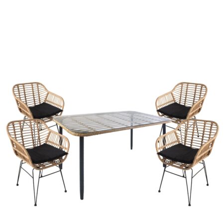 Σετ Τραπεζαρία Κήπου ArteLibre ANNIUS Φυσικό/Μαύρο Μέταλλο/Rattan/Γυαλί Με 4 Καρέκλες 14990297