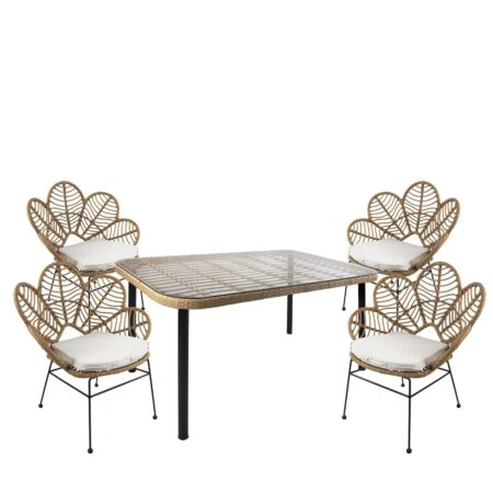 Σετ Τραπεζαρία Κήπου ArteLibre AMPLAS Φυσικό/Μαύρο Μέταλλο/Rattan/Γυαλί Με 4 Καρέκλες 14990316