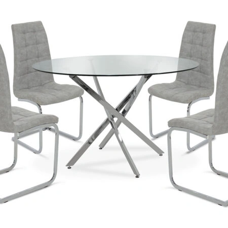 Τραπεζαρία Steve σετ 5τμχ διάφανο γυαλί-κάθισμα antique γκρι pu Φ120x74,5εκ