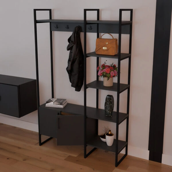 Έπιπλο εισόδου Thoj  ανθρακί μελαμίνης-μαύρο μέταλλο 120x34x180εκ