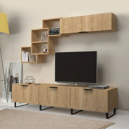 Σύνθεση τηλεόρασης Heydar από μελαμίνη χρώμα φυσικό οξιάς 210x35x50εκ.