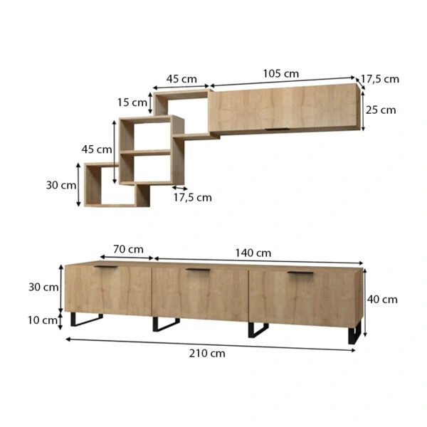 Σύνθεση τηλεόρασης Heydar από μελαμίνη χρώμα φυσικό οξιάς 210x35x50εκ.