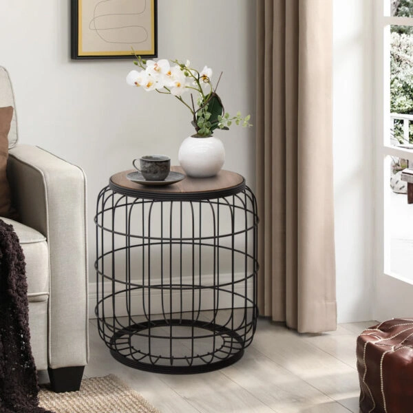 Σκαμπώ - τραπεζάκι βοηθητικό Muller μεταλλικό - Mdf χρώμα μαύρο - καρυδί 35x35x47εκ.