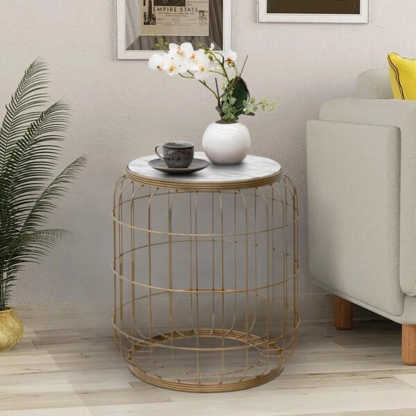 Σκαμπώ - τραπεζάκι βοηθητικό Muller μεταλλικό - Mdf χρώμα χρυσό - λευκό 35x35x47εκ.