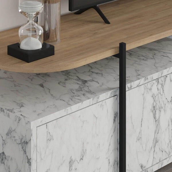 Έπιπλο τηλεόρασης Hanley από μελαμίνη χρώμα λευκό εφέ μαρμάρου 160x35,6x48εκ.