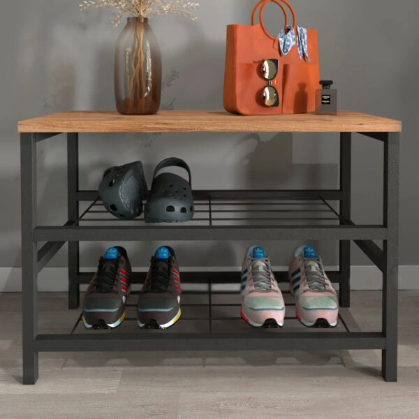 Παπουτσοθήκη Dalia 6 ζευγών μεταλλική - μελαμίνης χρώμα μαύρο - pine oak 65x30x45εκ.