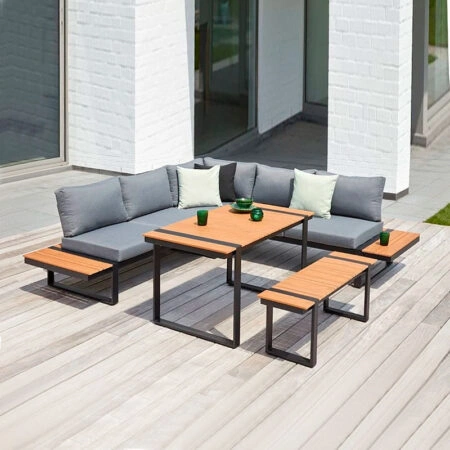 Σαλόνι κήπου γωνιακό Artemis σετ 4 τμχ μέταλλο - ξύλο χρώμα μαύρο - καρυδί