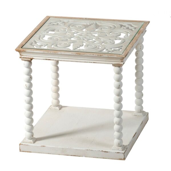 Τραπεζάκι βοηθητικό ξύλινο με σκαλιστό καπάκι και γυαλί (61x61x61)cm