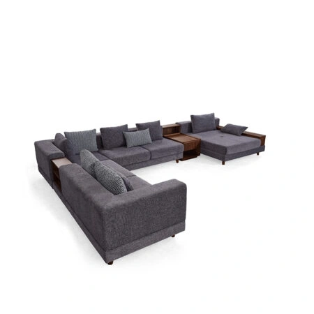 Artekko Prag Καναπές Γωνία Δεξιά με Βοηθητ. Τραπεζάκι και Ράφια Ξύλο/Ύφασμα Γκρι (440x300x65)cm