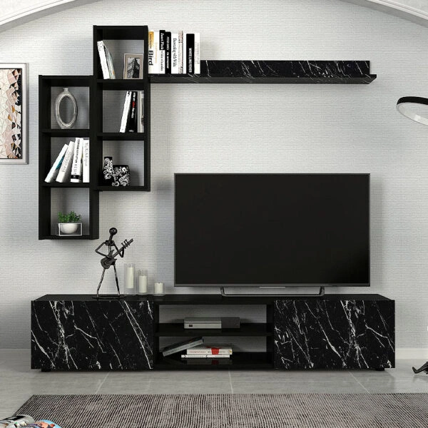 Σύνθεση τηλεόρασης Duana  χρώμα μαύρο εφέ μαρμάρου - μαύρο 180x38x35,7εκ.