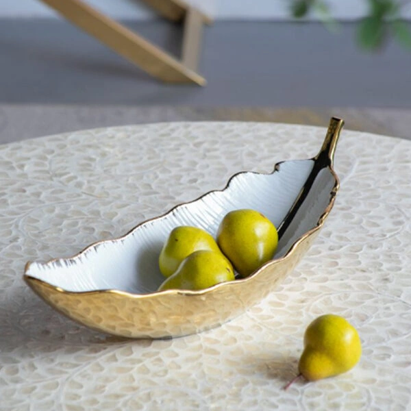 Leaf Bowl  Πιατέλα/Μπολ Διακοσμητικό Φύλλο Κεραμίκο Λευκό/Χρυσό (47x18x15.5)cm