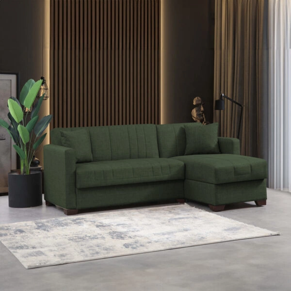 Γωνιακός καναπές-κρεβάτι αναστρέψιμος με αποθηκευτικό χώρο Alaska  πράσινο ύφασμα 204x143x83εκ