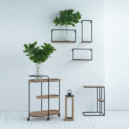 Artekko Decor Τρόλει Μπαρ Βοηθητικό Τραπέζι Φανάρι 3x Ράφια 2x Βάζο Τεχνητό Φυτό Ξύλο Μέταλλο Σετ/6