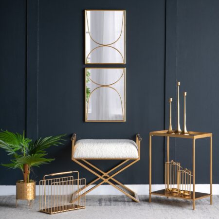 Artekko Decor Σκαμπό 2x Καθρέπτες Βοηθητικό Τραπέζι 3x Κηροπήγια Θήκη Περιοδικών 2x Φανάρια Κασπώ Τεχνητό Φυτό Μέταλλο MDF Χρυσό Σετ/8