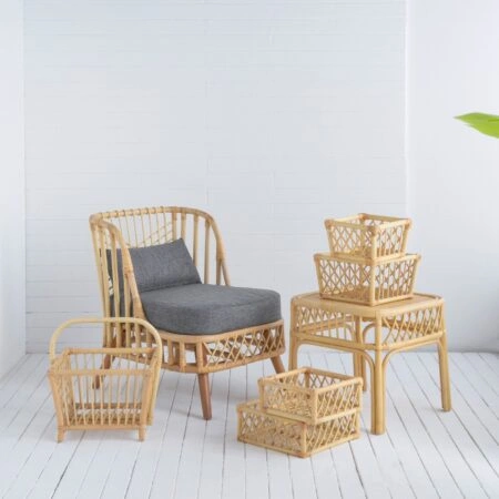 Artekko Decor Rattan Πολυθρόνα Βοηθητικό Τραπέζι 2x Καλάθια 2x Καλάθια Θήκη Περιοδικών Ρατάν Φυσική Απόχρωση Σετ/5