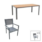 Tραπεζαρία Nares-Moly  σετ 7τεμ ανθρακί αλουμίνιο και φυσικό plywood 180x90x72.5εκ