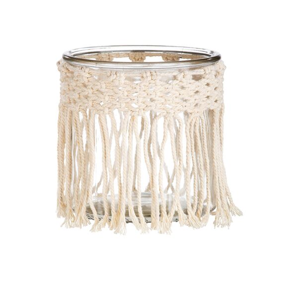 Κηροπήγιο Με Μακραμέ Διακόσμηση Διάφανο/Μπεζ Γυαλί 12x12x12cm