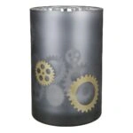 Κηροπήγιο Με Διακόσμηση Γρανάζια Γκρι Γυαλί Φ12x18cm
