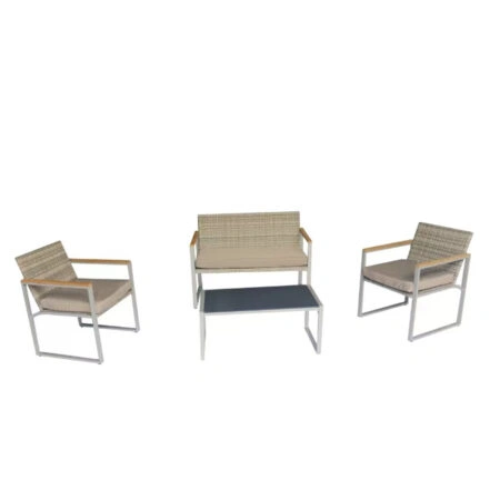 Artekko Rattan Διθέσιος Καναπές (115x60x80)cm 2x Πολυθρόνες (60x60x75)cm και Τραπέζι με Μαύρο Τζάμι (85x46x40)cm Γκρι Ανοιχτό Μεταλλικό Σκελετό με Ξύλο Πλαστικ Ρατάν και Μπεζ Μαξιλάρια Σετ/4