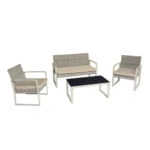Artekko Rattan Διθέσιος Καναπές (105x65x75)cm 2x Πολυθρόνες (58x60x75)cm Τραπέζι με Τζάμι (84x45x38)cm με Πλαστικ Ρατάν Μεταλλικό Σκελετό και Ξύλο Γκρι Καφέ και Καφέ Μαξιλάρι Σετ/4