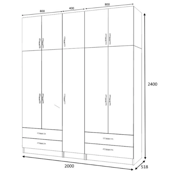 Ντουλάπα ρούχων Ricardo Megapap πεντάφυλλη με πατάρι χρώμα ανθρακί 200x51,8x240εκ.