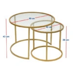 Τραπεζάκι σαλονιού σετ 2 τμχ Vetro Megapap μέταλλο - γυαλί χρώμα χρυσό Ø60x43εκ.