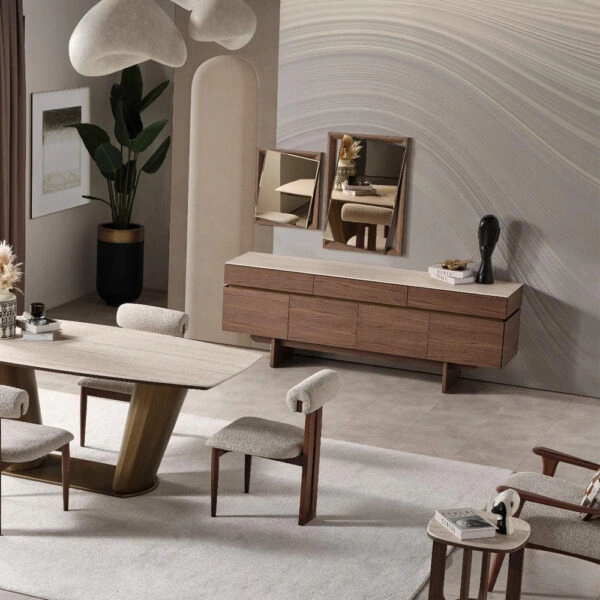 Artekko Stone Καφέ Μπουφές MDF με Όψη Πέτρας στην Επιφάνεια (210x48x79)cm με 2 Καθρέπτες (90x90x5)cm (60x50x5)cm 3pcs