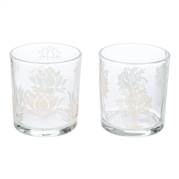 Φανάρι Καταιγίδας Cylindrical "Namaste" Δέντρο Motif Lotus Motif Yoga Motif Γυάλινο Brown Clear PU 18 Pcs. Assorted H. c
