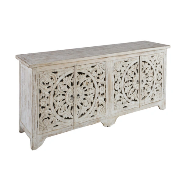 Artekko Mirroki Σκαλιστός Μπουφές από Ξύλο Ακακίας σε Λευκή Πατίνα (180x45x80)cm