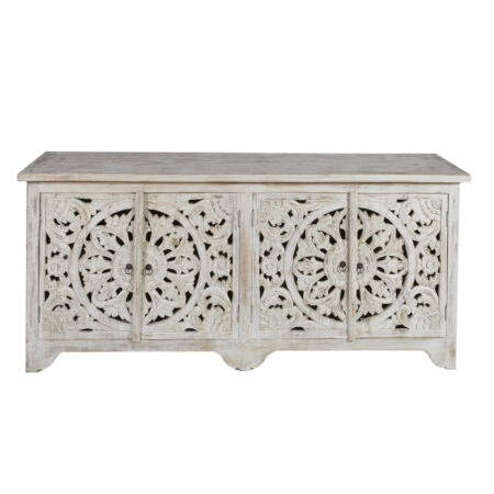 Artekko Mirroki Σκαλιστός Μπουφές από Ξύλο Ακακίας σε Λευκή Πατίνα (180x45x80)cm