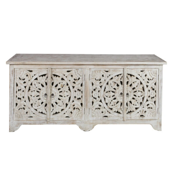 Artekko Mirroki Σκαλιστός Μπουφές από Ξύλο Ακακίας σε Λευκή Πατίνα (180x45x80)cm