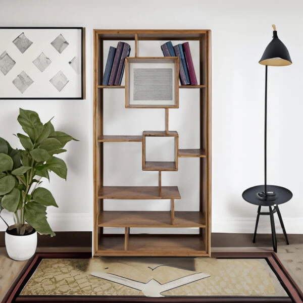 Artekko Attari Ξύλινη Μασίφ Βιβλιοθήκη Ραφιέρα σε Μελί Απόχρωση (100x41x210)cm