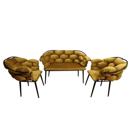 Artekko Balon Βελούδινο Σετ Σαλονιού σε Ώχρα Διθέσιος Καναπές (135x60x80)cm 2pcs Πολυθρόνες (75x60x80)cm με Μαύρο Μεταλλικό Σκελετό