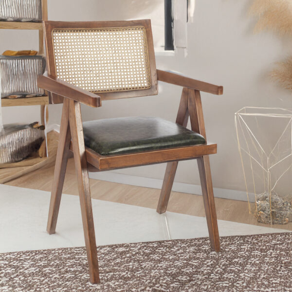 Suva Rattan Καρέκλα με Καφέ Ξύλινο Σκελετό με Ψάθα και Πράσινο Τεχνόδερμα (55x55x85)cm