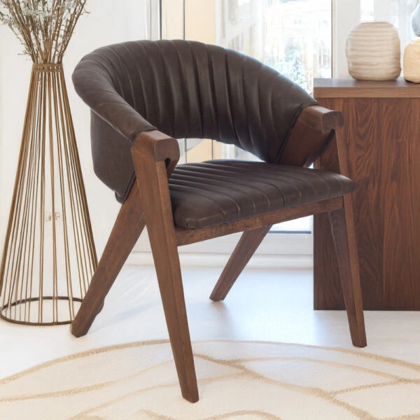 Volk Καρέκλα με Καρυδί Ξύλινο Σκελετό και Καφέ Τεχνόδερμα (60x65x78)cm