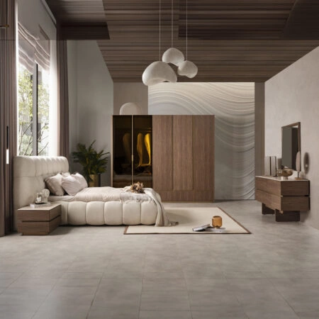 Artekko Midnight Εκρού Υφασμάτινο Διπλό Κρεβάτι (260x230x125)cm για Στρώμα(180x200) MDF 2pcs Κομοδίνα (65x48x40)cm Ντουλάπα με Καθρέπτη και Φωτισμό (270x63x230)cm Συρταριέρα (160x48x78)cm και Καθρέπτη (90x90x5)cm