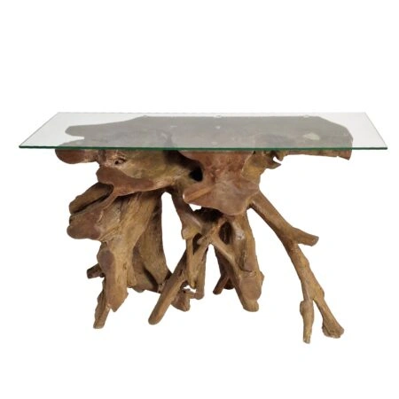 Artekko Munggur Ξύλινη Κονσόλα από Ρίζα Teak σε Φυσική Απόχρωση (100x40x78)cm με Τζάμι (120x45)cm