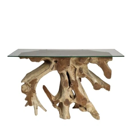 Artekko Munggur Ξύλινη Κονσόλα από Ρίζα Teak σε Ανοιχτό Καφέ (100x40x78)cm με Τζάμι (120x45)cm