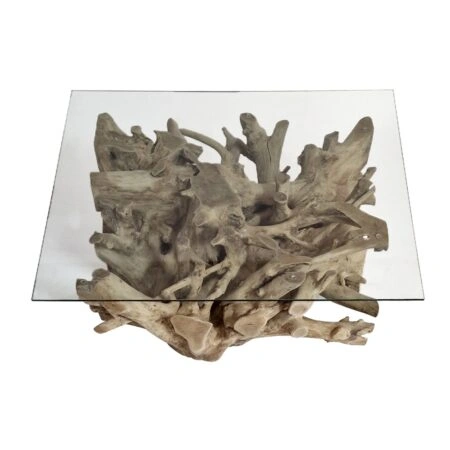 Artekko Munggur Ξύλινο Τραπέζι Σαλονιού από Ρίζα Teak σε Ανοιχτό Καφέ (100x100x49)cm με Τζάμι (120x120)cm