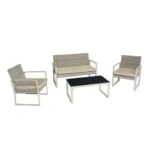 Artekko Rattan Διθέσιος Καναπές (115x60x80)cm 2x Πολυθρόνες (60x60x75)cm και Τραπέζι με Μαύρο Τζάμι (85x46x40)cm Γκρι Ανοιχτό Μεταλλικό Σκελετό με Ξύλο Πλαστικ Ρατάν και Μπεζ Μαξιλάρια Σετ/4