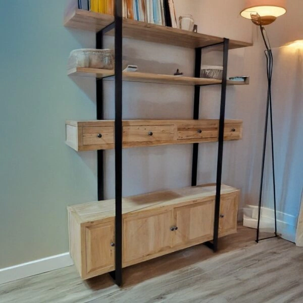 Artekko Deus Μασίφ Ξύλινη Βιβλιοθήκη σε Ανοιχτή Φυσική Απόχρωση (180x40x220)cm